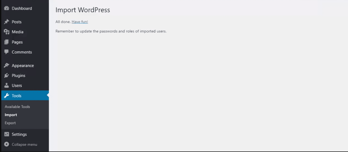 Sucessful Importation prompt