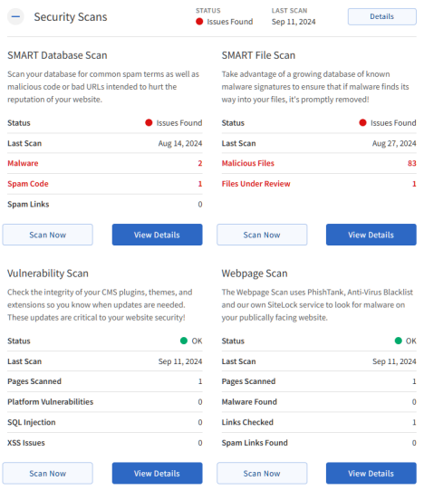 Sites tab - Security Scanning