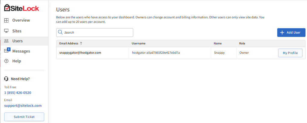 SiteLock - Users tab