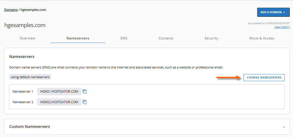 Domains tab - Nameservers menu