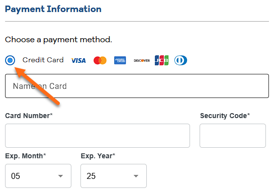 Forms of Payment - Select Credit Card