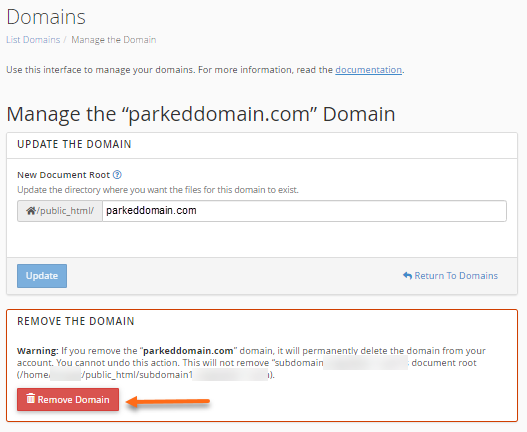 cPanel - Remove Domain