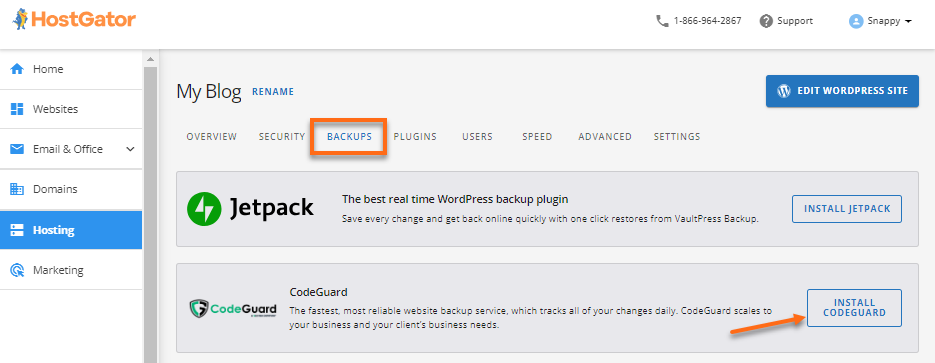 Customer Portal - Website management page - Backups tab