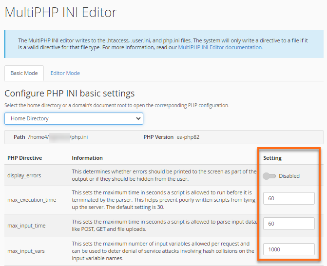 Select PHP Setting