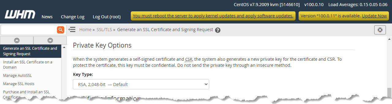 HostGator WHM Generate an SSL Certificate and Signing Request