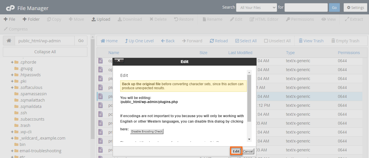 File Manager Edit plugins.php