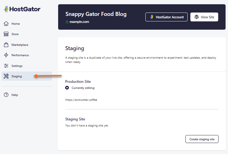 HostGator plugin - Staging tab