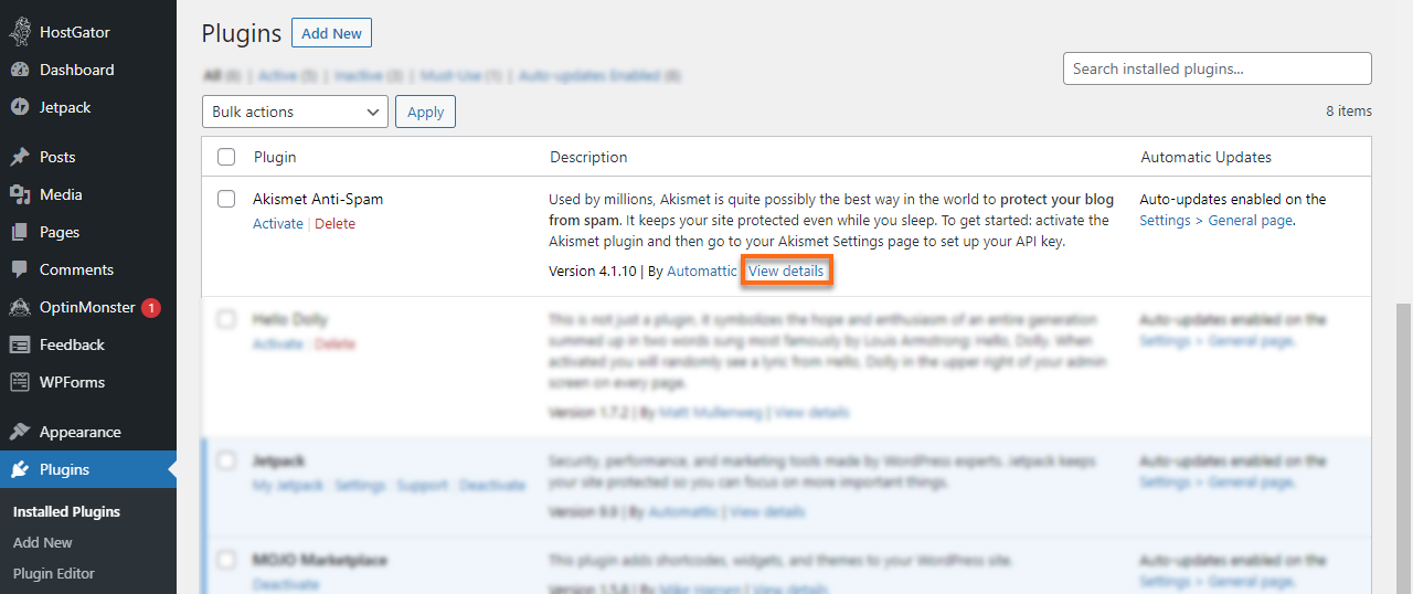 WP Dashboard Plugins View Details