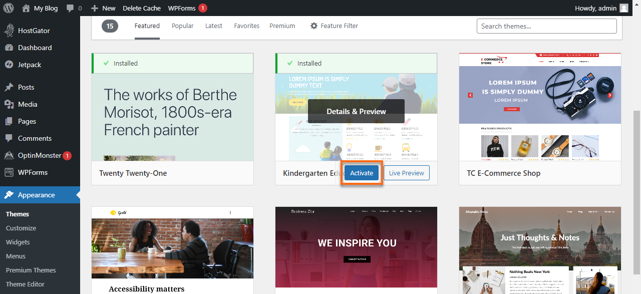 WordPress Dashboard Activate Theme