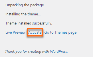 WordPress Dashboard Activate Button